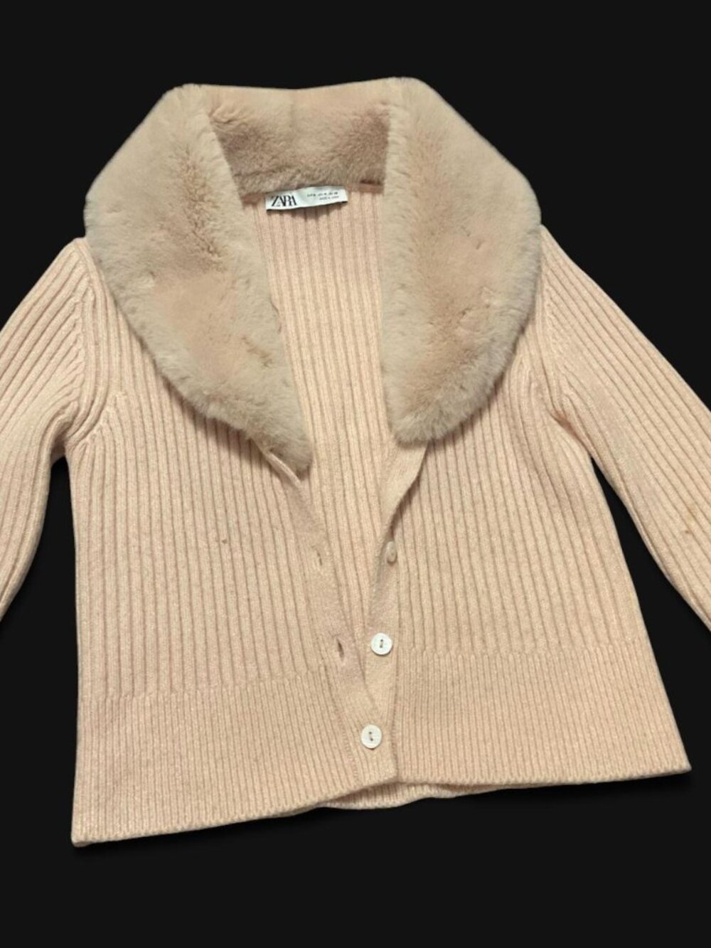 Zara Ribbed Knit Cardigan Blush Pink Faux Fur Collar M
